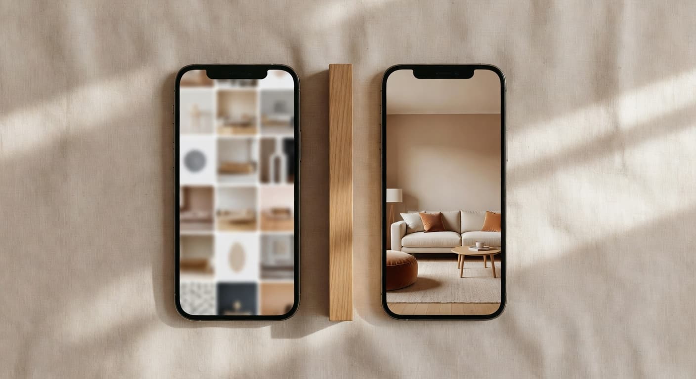 Pinterest mood board next to a DecorAI personalized room design