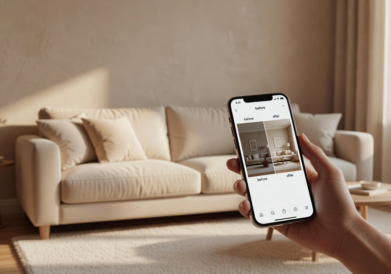 DecorAI app shown on a phone in a warm cream living room